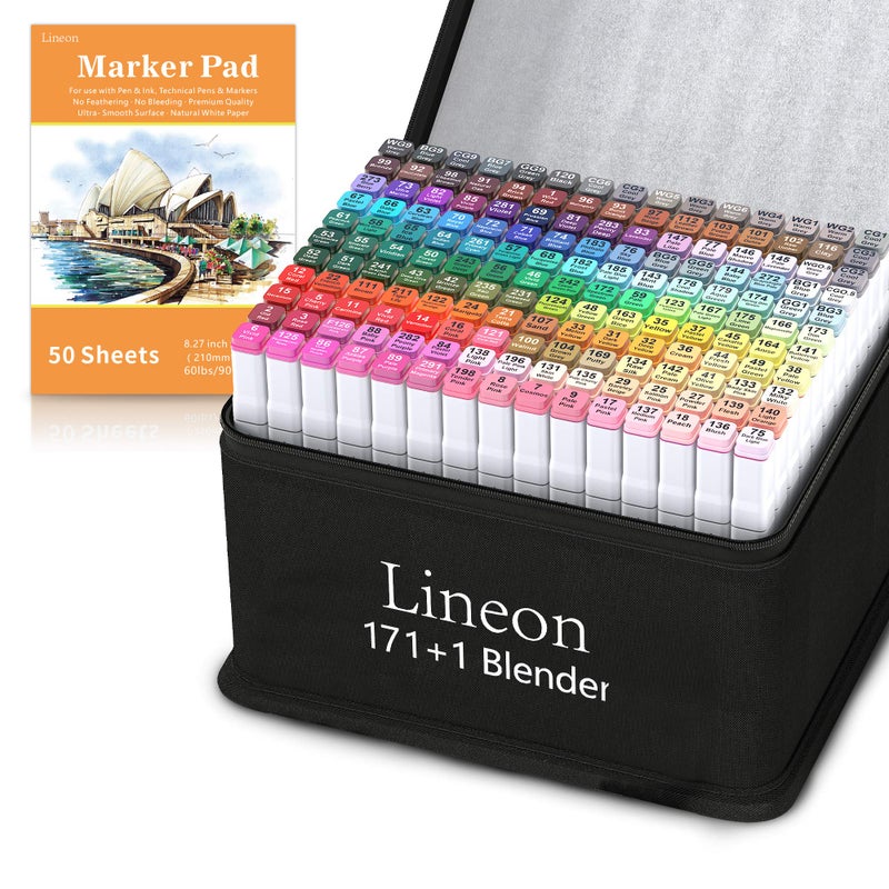 Lineon 172 Colors Alcohol Based Dual Tip Art Markers, 171+1 Blender Permanent Marker Pens Plus 1 Marker Pad 1 Case Perfect for Kids Adult Artist Coloring Books Drawing Sketching and Card Making - Image 1